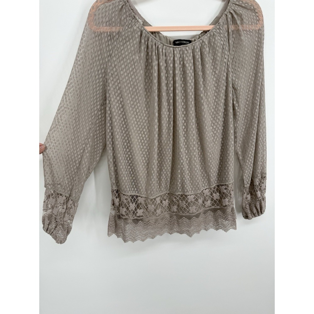 Max Edition Gray Lace Trim Peasant Blouse Boho Textured Long Sleeve Top Sz Small